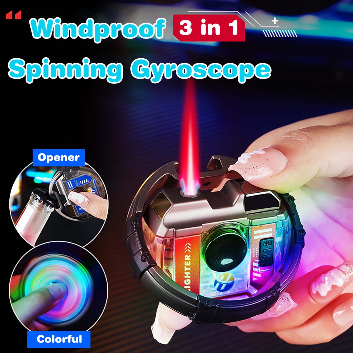 Mecha Fingertip Gyroscope Lighter, Red Flame, Refillable Lighter, Windproof Lighter with Bottle Opener