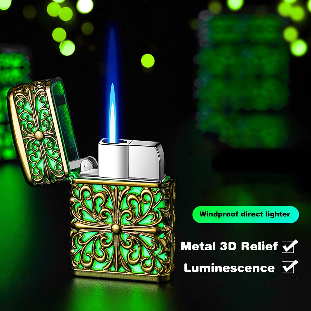 Hollow Metal Relief Night Light Windproof Lighter, Blue Flame, Refillable Lighter