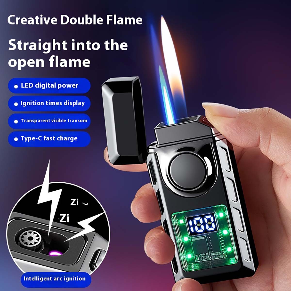 Rechargeable Piezo Pulse Windproof Lighter, Stylish Two Types Flames Lighter