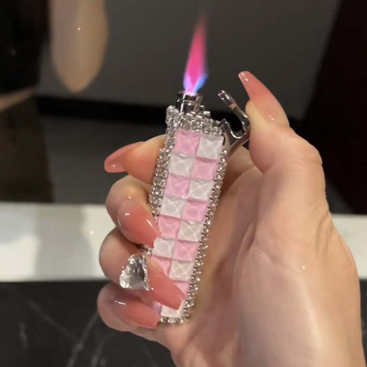 Diamond Inlaid Inflatable Pink Flame Lighter, Creative Personality Women's Windproof Lighter