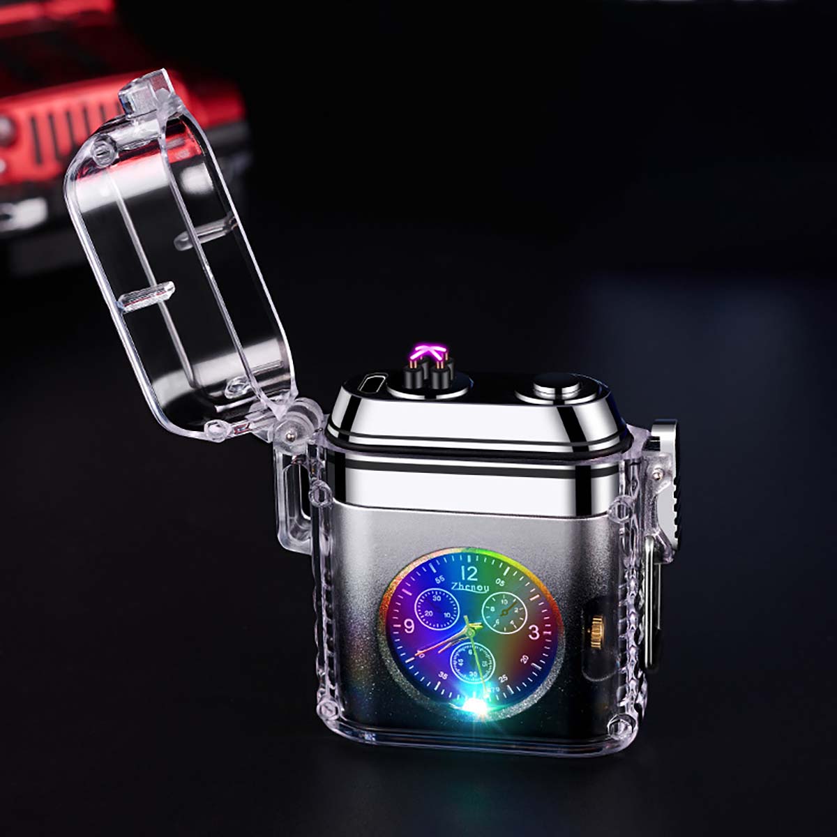 Creative Clock Design Lighter, Transparent Shell Electronic Pulse Waterproof Lighter