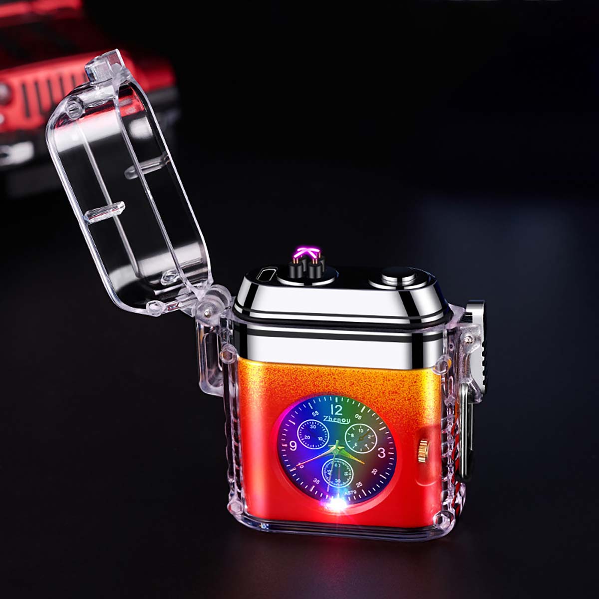 Creative Clock Design Lighter, Transparent Shell Electronic Pulse Waterproof Lighter