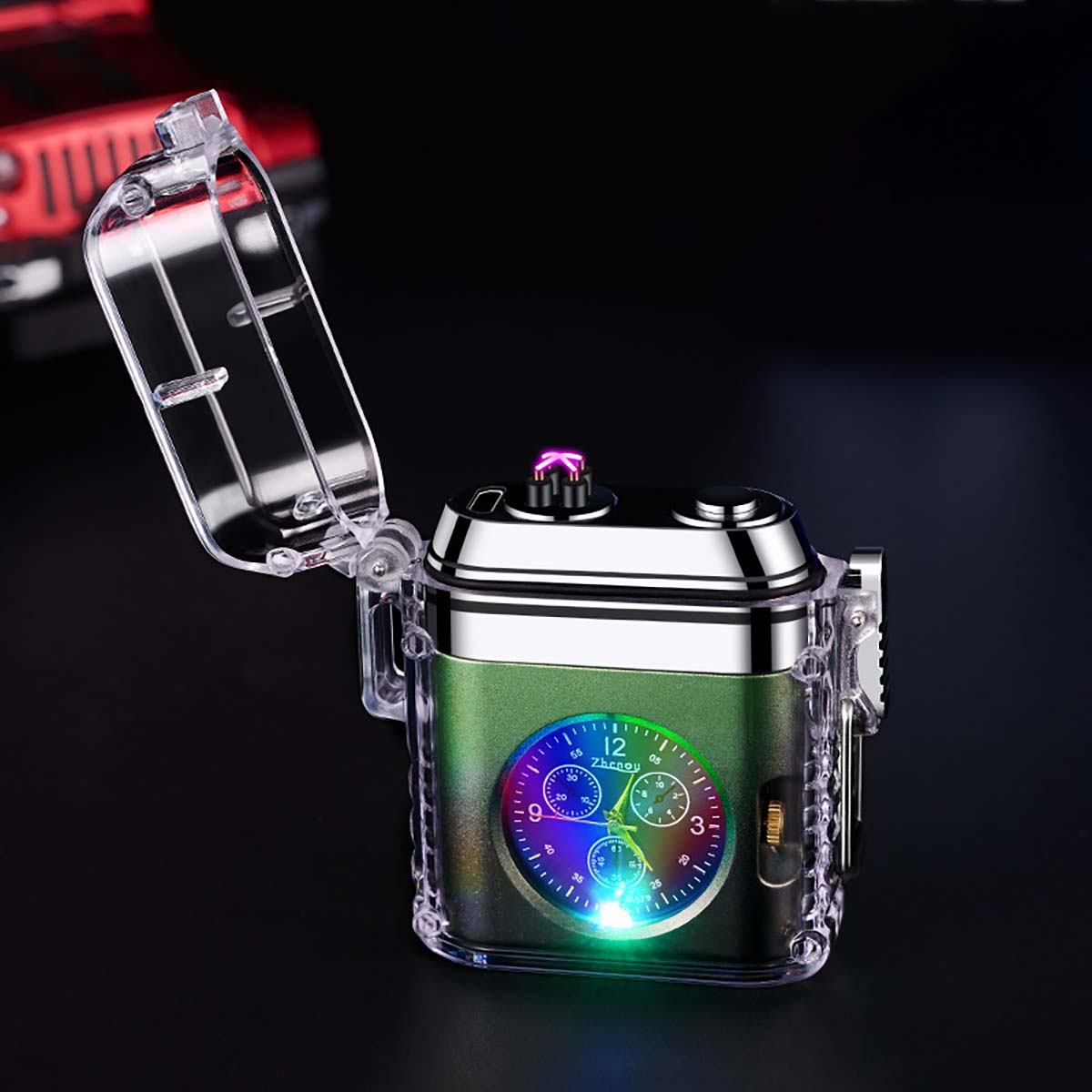 Creative Clock Design Lighter, Transparent Shell Electronic Pulse Waterproof Lighter