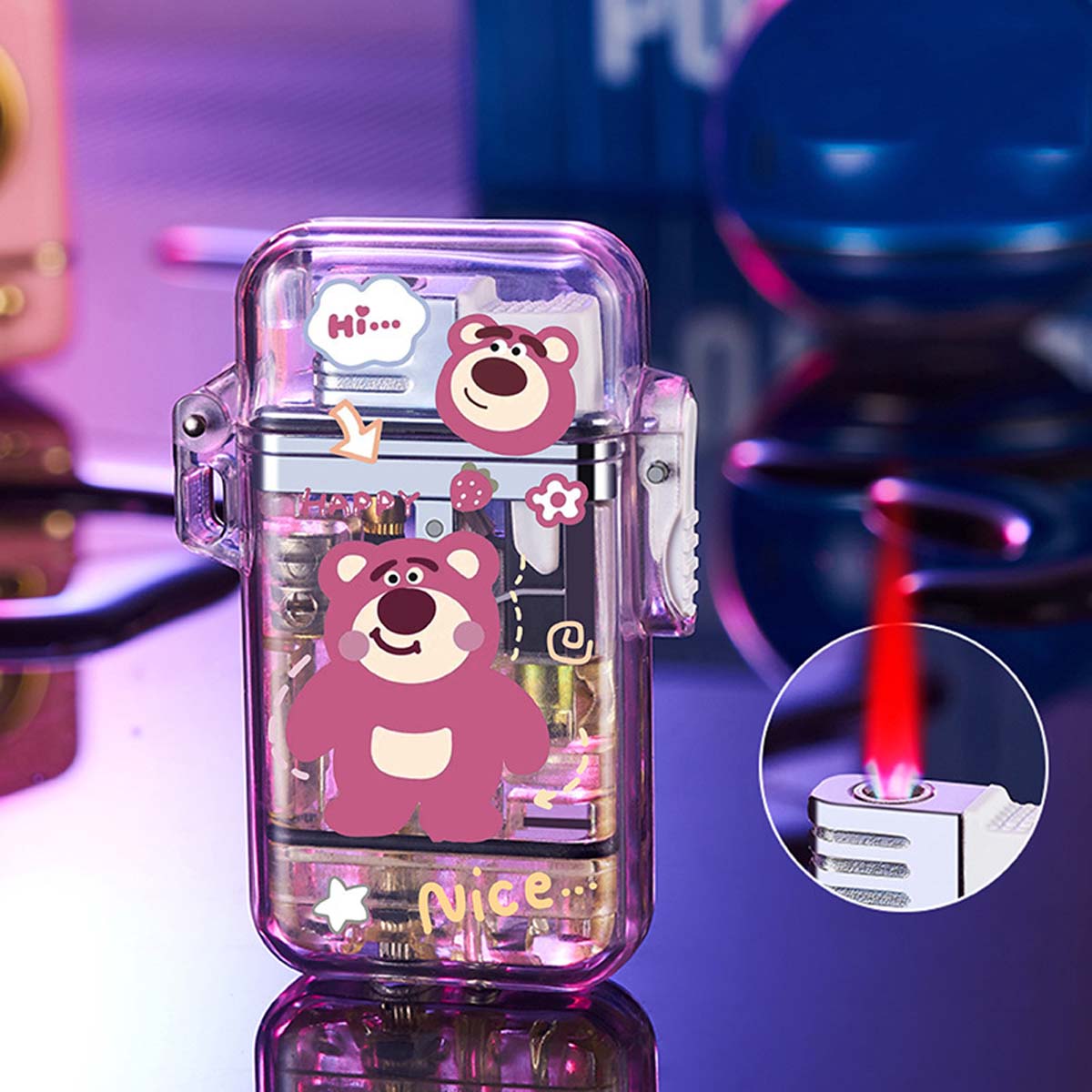 Windproof Cute Lighter, Transparent Colorful Cool Lighting Lighter, Pink Flame Refillable Lighter