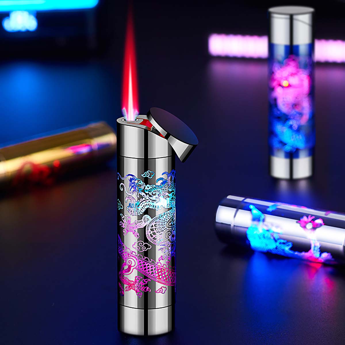 Relief Dragon Colorful Flashing Windproof Lighter, Portable Pink Flame Lighter