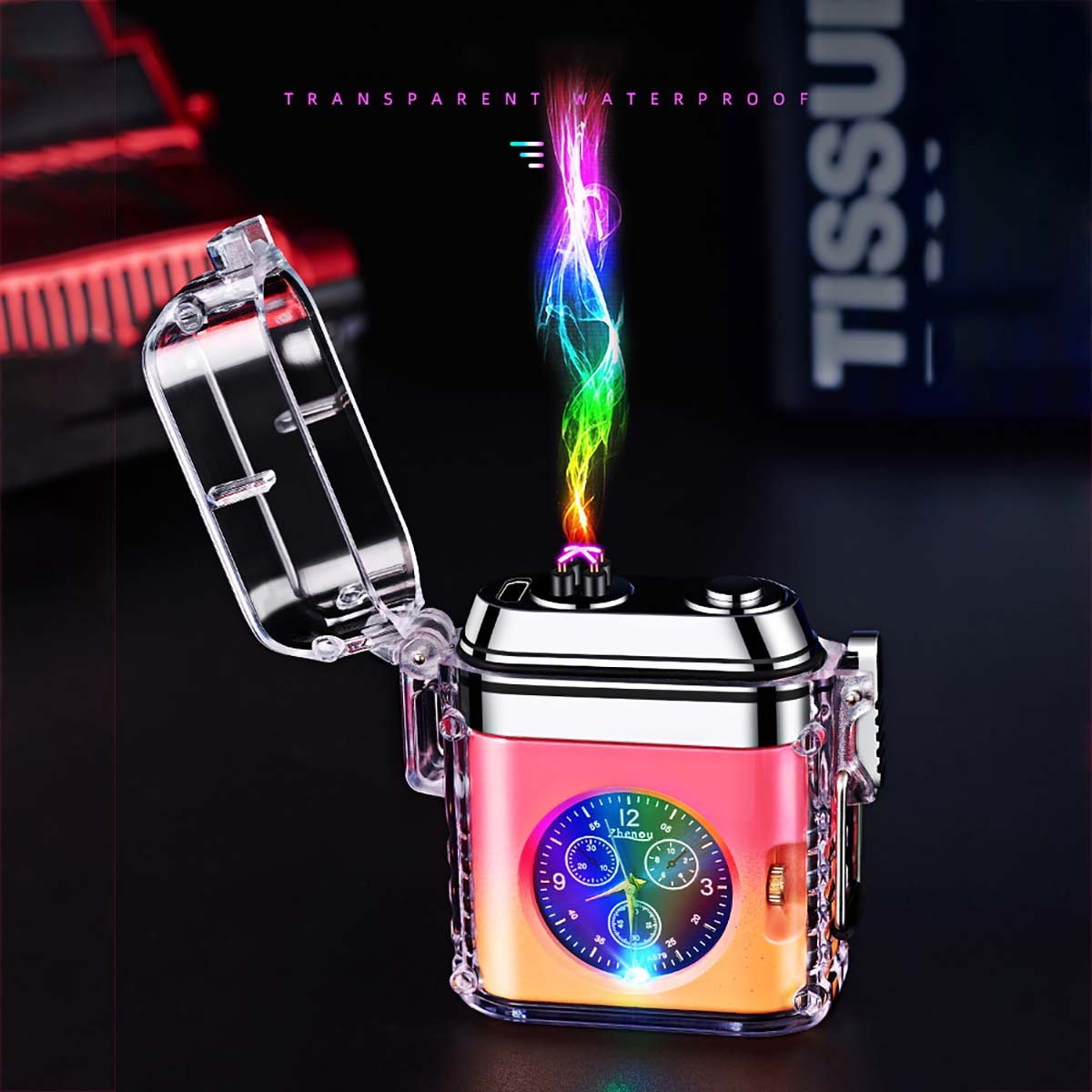 Creative Clock Design Lighter, Transparent Shell Electronic Pulse Waterproof Lighter