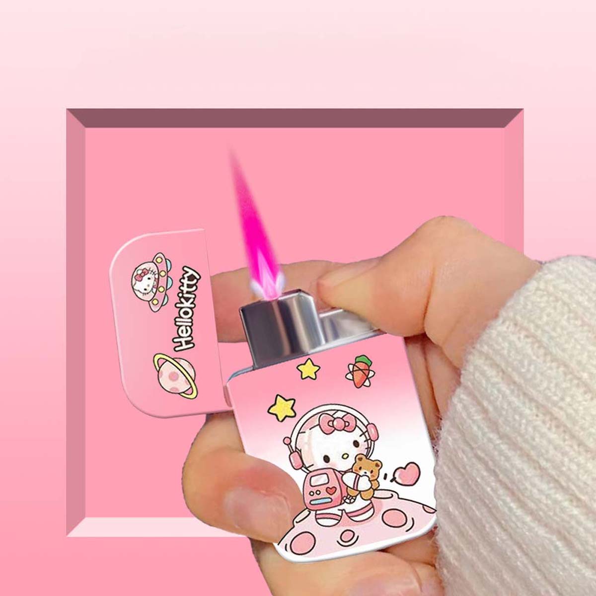 Cute Cartoon Lighter with Pink Flame, Windproof Kawaii Lighter, Refillable Lighter ﻿