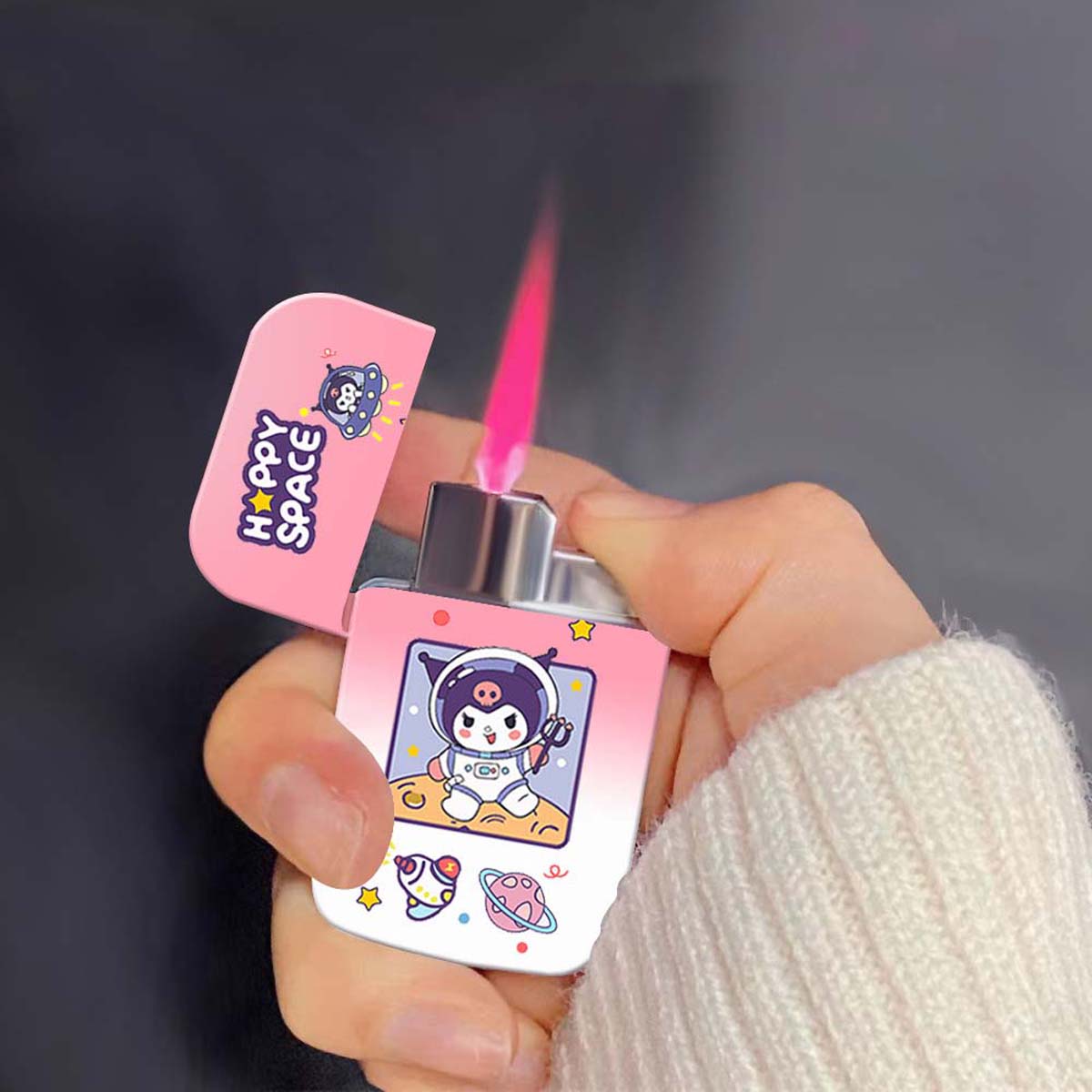 Cute Cartoon Lighter with Pink Flame, Windproof Kawaii Lighter, Refillable Lighter ﻿