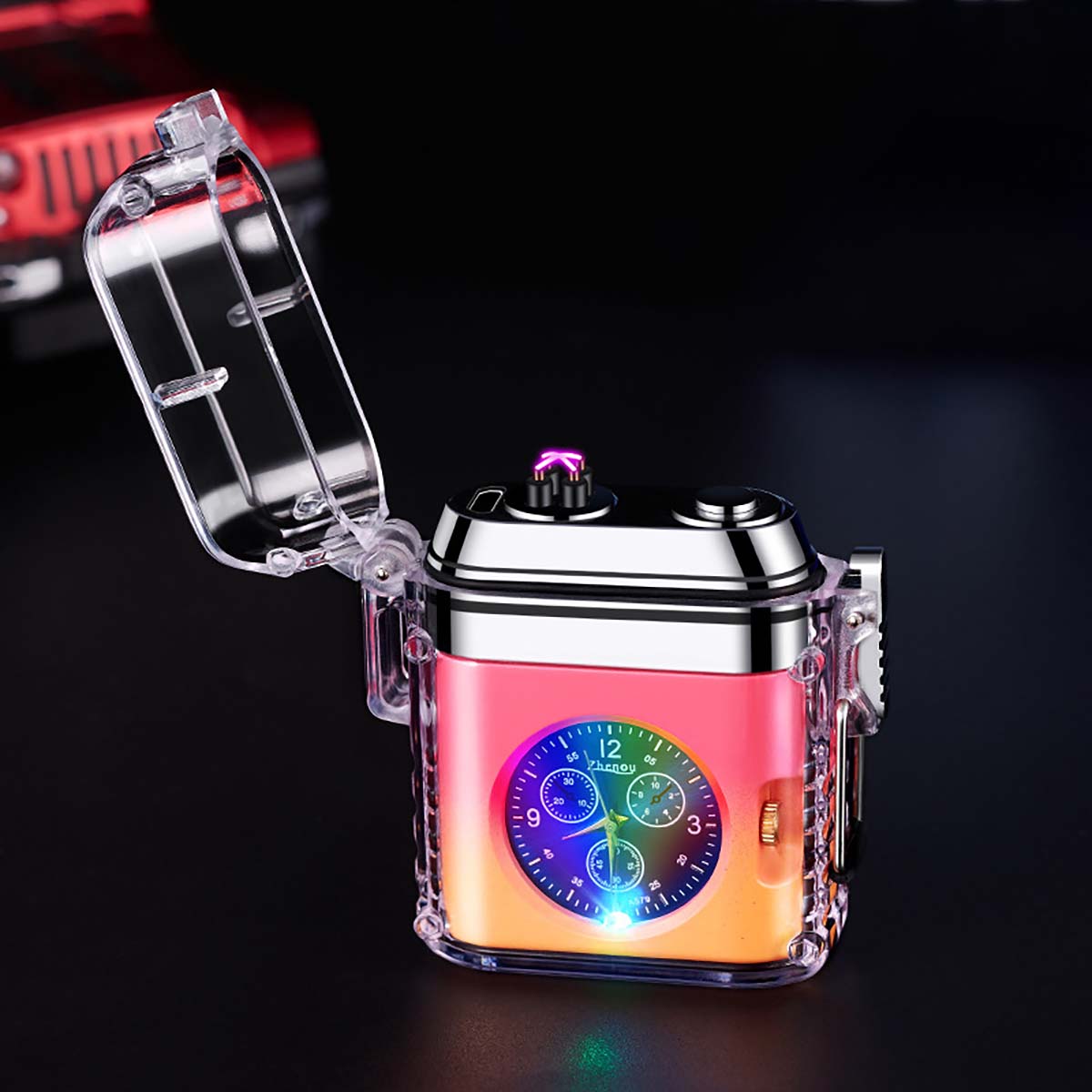 Creative Clock Design Lighter, Transparent Shell Electronic Pulse Waterproof Lighter