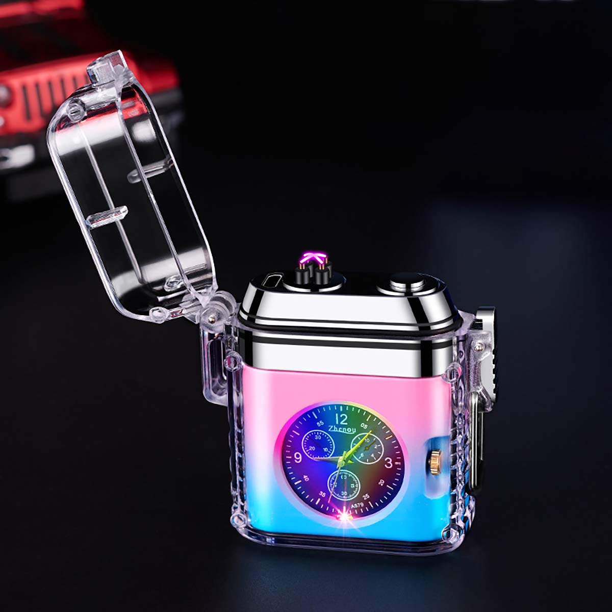 Creative Clock Design Lighter, Transparent Shell Electronic Pulse Waterproof Lighter