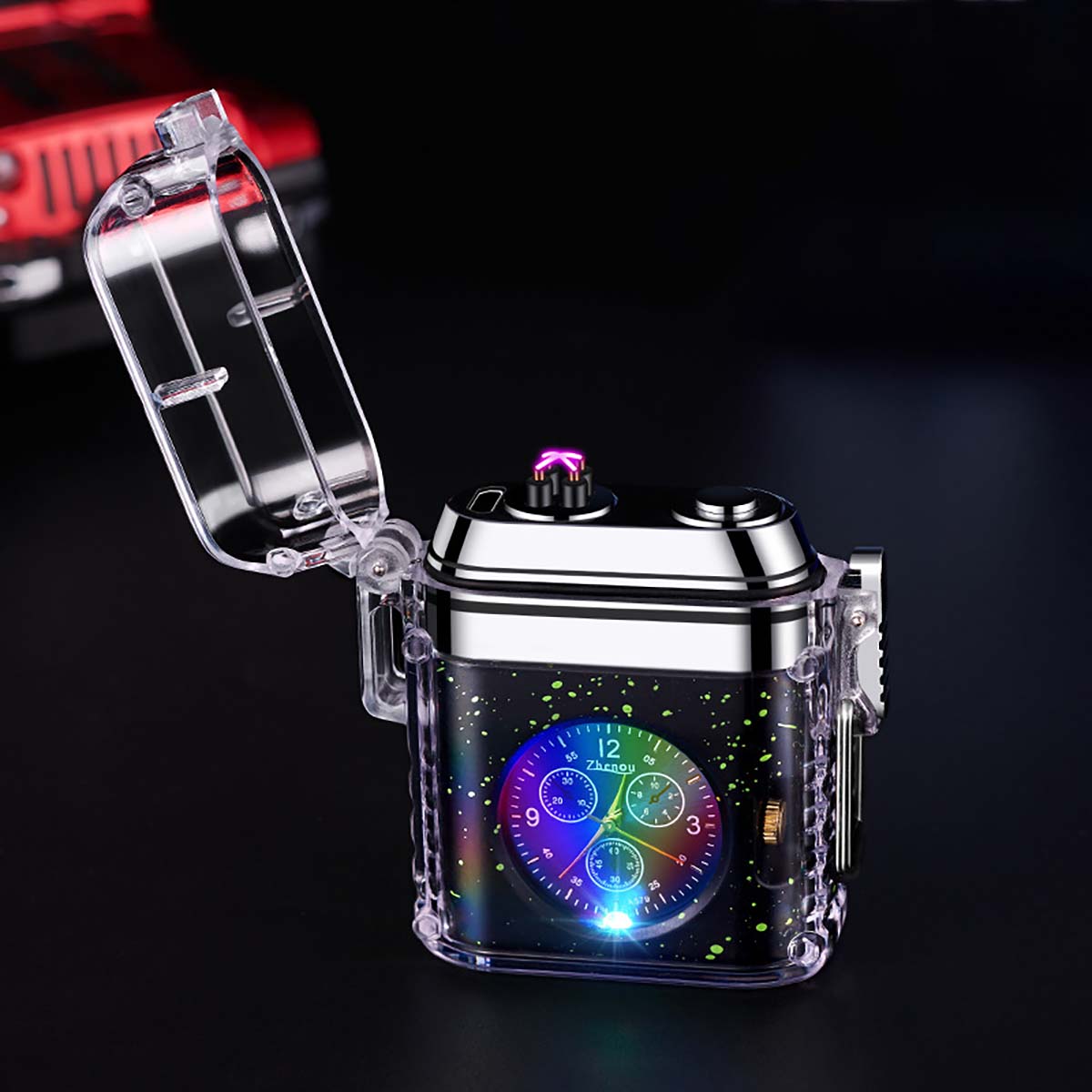 Creative Clock Design Lighter, Transparent Shell Electronic Pulse Waterproof Lighter